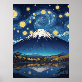 mount fuji op sterrennacht poster