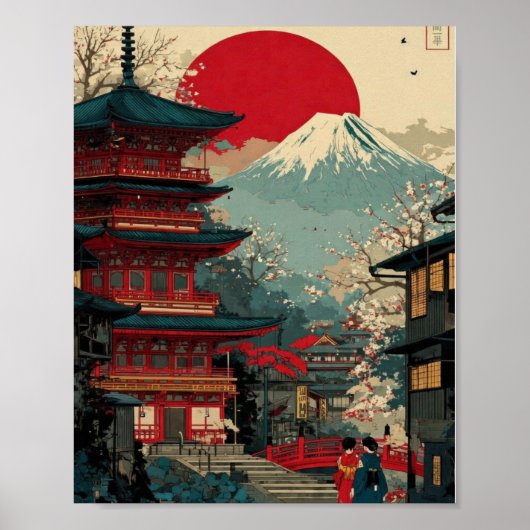 Mount Fuji & Red Pagoda Poster – Japanese Sunrise (Voorkant)