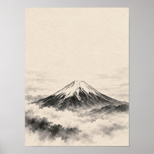 Mount Fuji Zee van Wolken Japanse Sumi-e Inkunst Poster