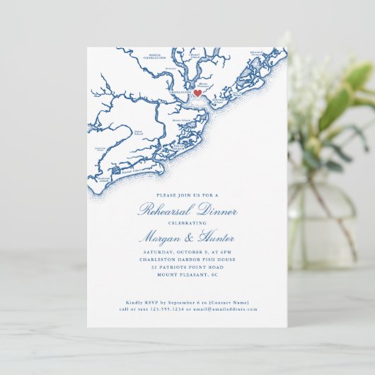 Mount Pleasant Navy Blue bruiloft repetitie diner Kaart (Staand voorkant)