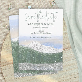 Mount Rainier, Falling Snow Wedding Save the Date Advieskaart