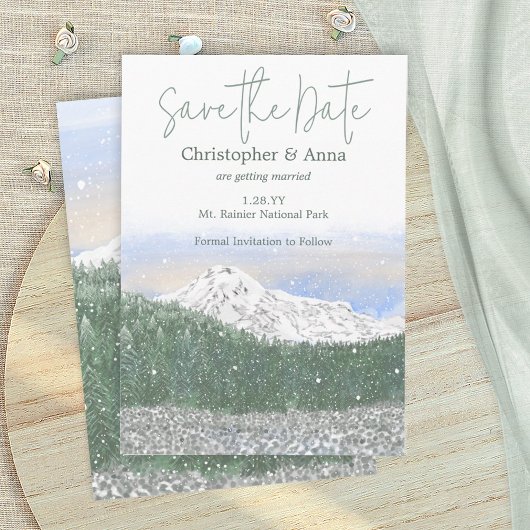 Mount Rainier, Falling Snow Wedding Save the Date Advieskaart