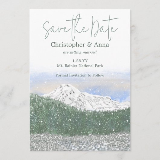 Mount Rainier, Falling Snow Wedding Save the Date Advieskaart (Voorkant)