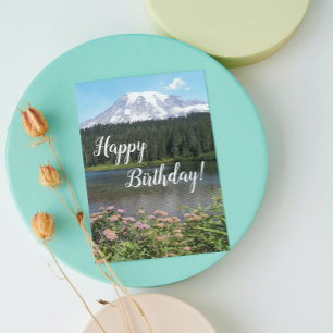 Mount Rainier Lake and Flowers Photo Birthday Kaart