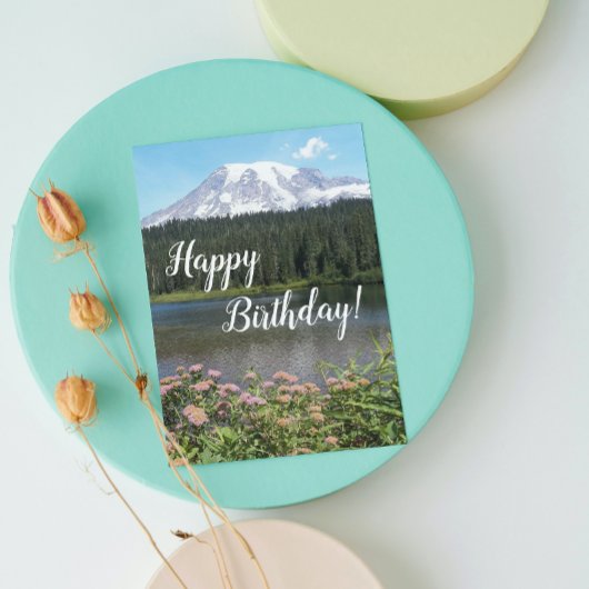Mount Rainier Lake and Flowers Photo Birthday Kaart