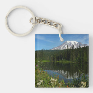 Mount Rainier-meerreflectie met wilde bloemen Sleutelhanger