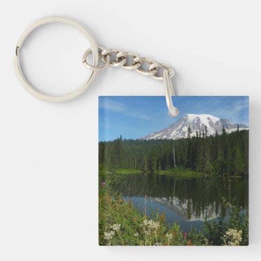 Mount Rainier-meerreflectie met wilde bloemen Sleutelhanger (Voorkant)