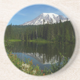 Mount Rainier-meerreflectie met wilde bloemen Zandsteen Onderzetter
