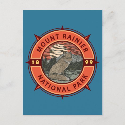 Mount Rainier National Park Red Fox Retro Compass Briefkaart (Voorkant)