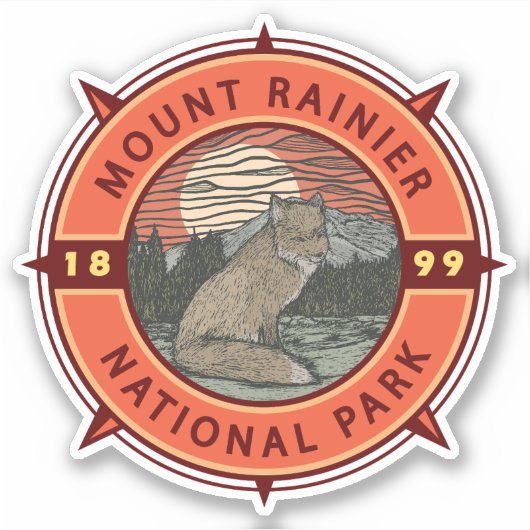 Mount Rainier National Park Red Fox Retro Compass Sticker (Voorkant)