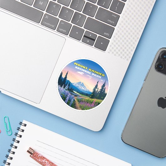 Mount Rainier National Park Washington Retro Sticker (Laptop met iPhone)