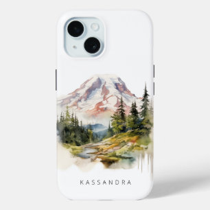 Mount Rainier PNW Waterverf landschap gepersonalis iPhone 15 Case