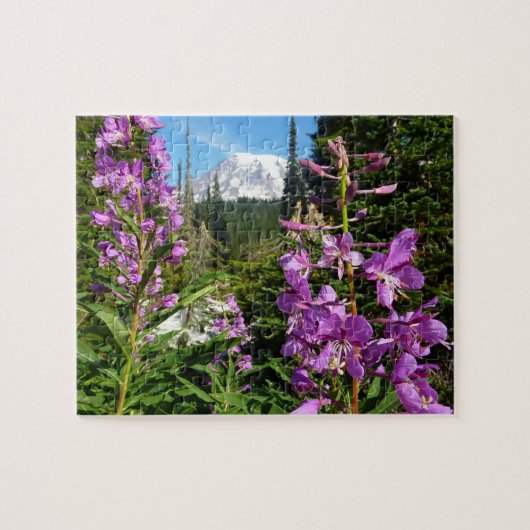 Mount Rainier tussen Paarse Phlox-bloemen Legpuzzel (Horizontaal)