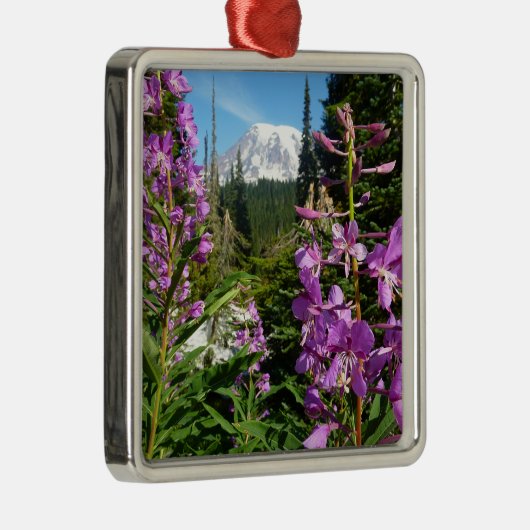 Mount Rainier tussen Paarse Phlox-bloemen Metalen Ornament (Rechts)