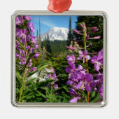 Mount Rainier tussen Paarse Phlox-bloemen Metalen Ornament (Voorkant)