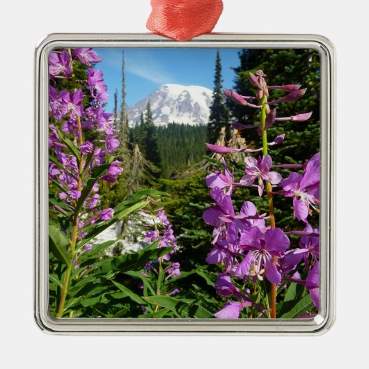 Mount Rainier tussen Paarse Phlox-bloemen Metalen Ornament (Voorkant)