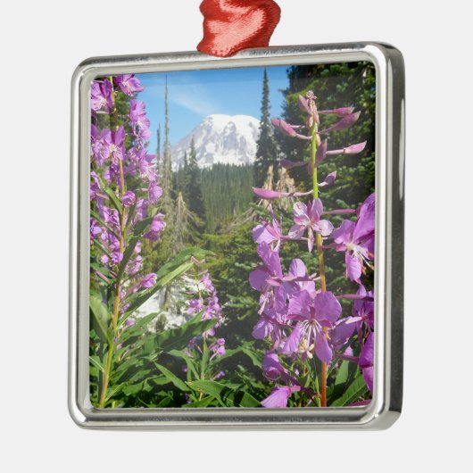 Mount Rainier tussen Paarse Phlox-bloemen Metalen Ornament (Links)