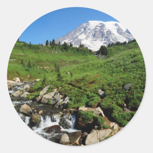 Mount Rainier, waterval, besneeuwd Ronde Sticker (Voorkant)