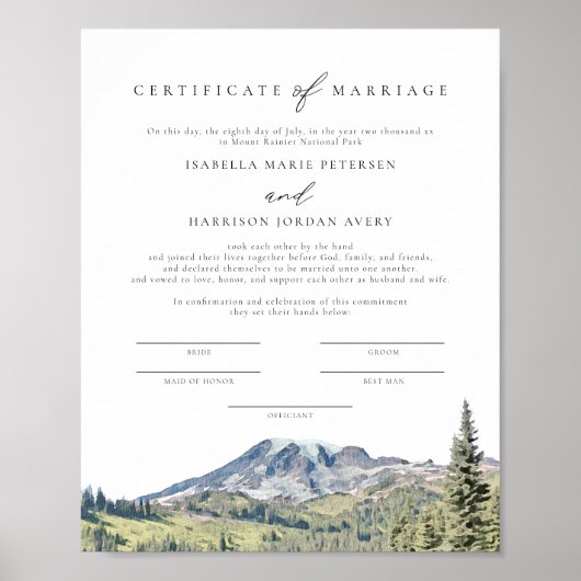 MOUNT RAINIER Waterverf huwelijkscertificaat Poster (Voorkant)