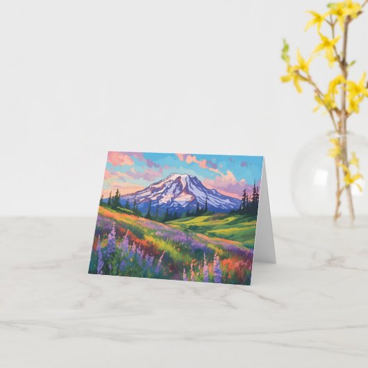 Mount Rainier Waterverf Stationery Kaart (Gele Bloem)