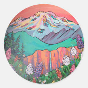 Mount Rainier-wildbloemen-waterval-schilderij Ronde Sticker