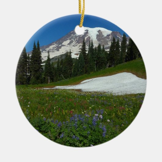 Mount Rainier, Wilde Bloemen en Sneeuw Keramisch Ornament (Voorkant)