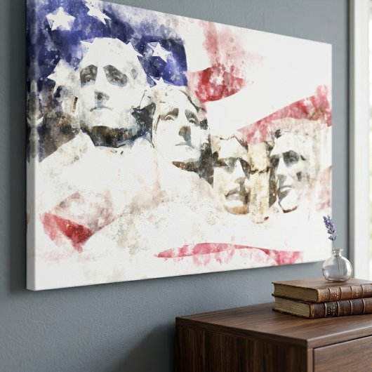 Mount Rushmore Aquarel met Amerikaanse Vlag Canvas Afdruk