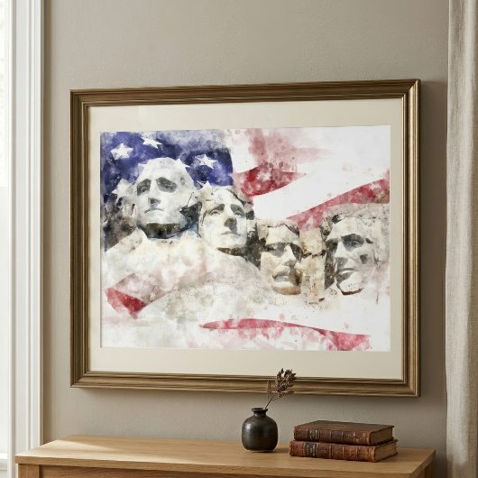 Mount Rushmore Aquarel met Amerikaanse Vlag Foto Afdruk