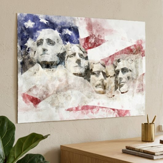Mount Rushmore Aquarel met Amerikaanse Vlag Poster