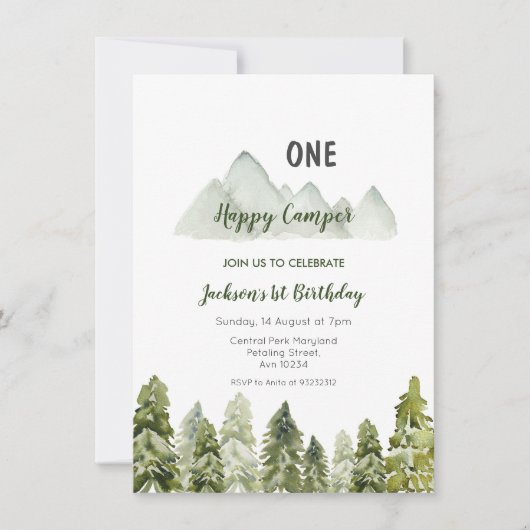 Mountain adventure camper 1e verjaardag uitnodigin kaart (Voorkant)