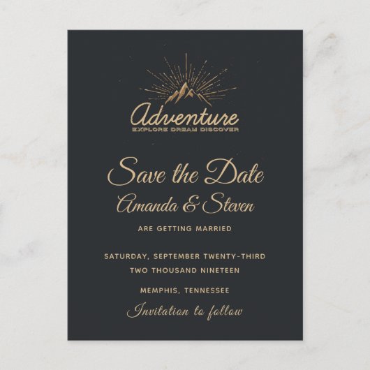 Mountain Adventure Rustieke bruiloft Save the Date Briefkaart (Voorkant)