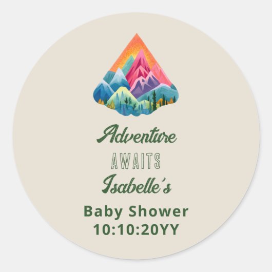 Mountain Adventure wacht op Baby shower Ronde Sticker (Voorkant)