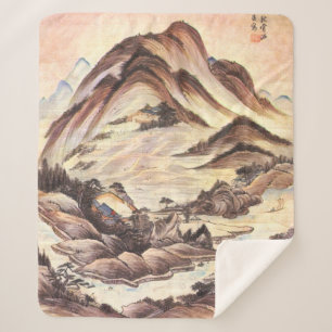 Mountain and Stream Korean Joseon Dynasty Folk Art Sherpa Deken