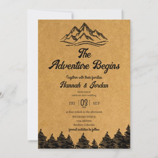 Mountain avontuur begint rustieke houten bruiloft kaart (Voorkant)