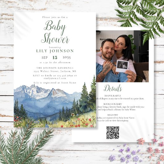 Mountain Baby shower alles in één foto QR-code Kaart
