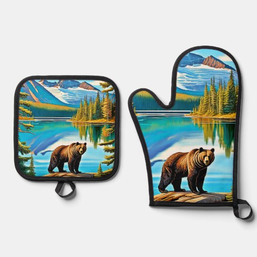 Mountain Beer: Lake Reflection Art Ovenwant & Pannenlap Set (Voorkant)