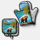 Mountain Beer: Lake Reflection Art Ovenwant & Pannenlap Set (Voorkant / Achterkant)