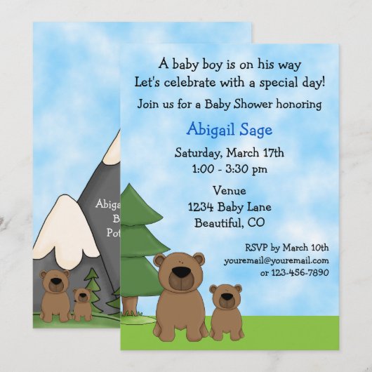 Mountain Beren Baby shower Uitnodiging voor jongen (Voorkant / Achterkant)