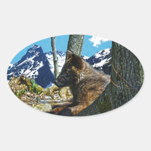 Mountain Black Wolf Resting by Trees Wildlife Art Ovale Sticker