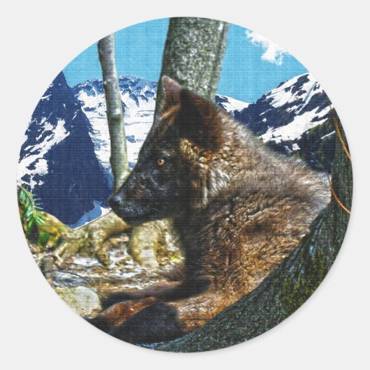 Mountain Black Wolf Resting by Trees Wildlife Art Ronde Sticker (Voorkant)