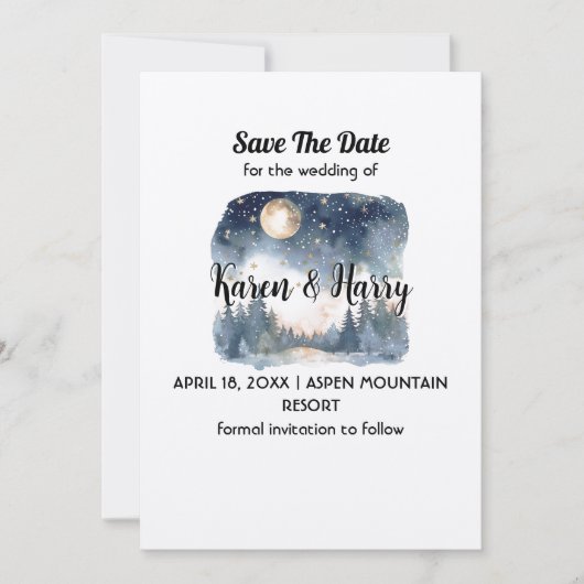 Mountain Blue Pine Moon Star Save the Date Wedding Kaart (Voorkant)