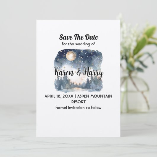 Mountain Blue Pine Moon Star Save the Date Wedding Kaart (Staand voorkant)