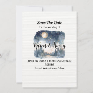 Mountain Blue Pine Moon Star Save the Date Wedding Kaart