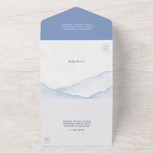 Mountain Blue Rustieke Woodland Waterverf Bruiloft All In One Uitnodiging (Buitenkant)