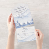Mountain Blue Rustieke Woodland Waterverf Bruiloft All In One Uitnodiging (Afscheurbaar)