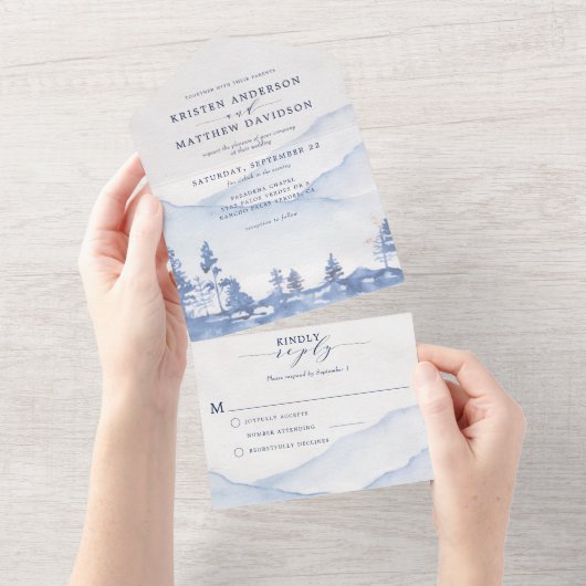 Mountain Blue Rustieke Woodland Waterverf Bruiloft All In One Uitnodiging (Afscheurbaar)