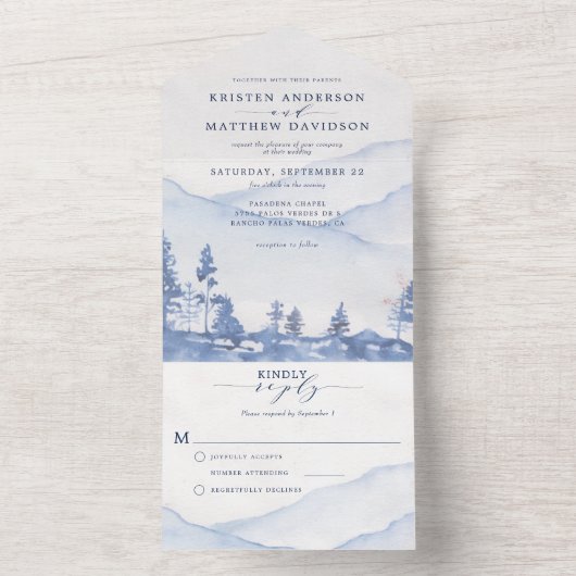 Mountain Blue Rustieke Woodland Waterverf Bruiloft All In One Uitnodiging (Binnen)