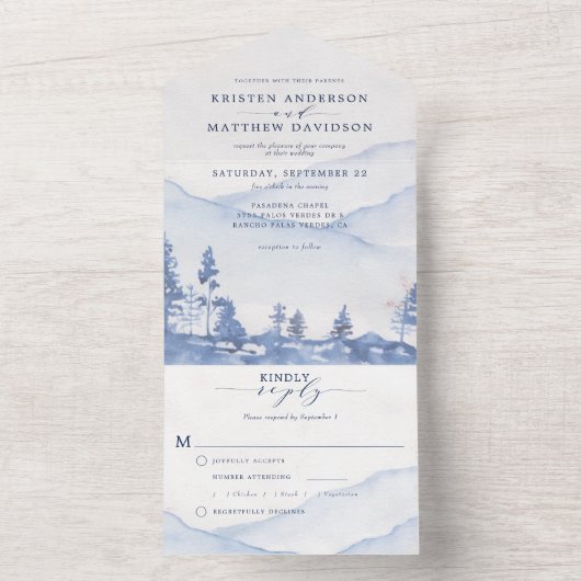 Mountain Blue Woodland Waterverf Trouwmaaltijd All In One Uitnodiging (Binnen)