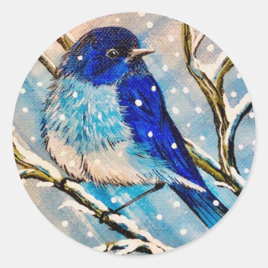 Mountain Bluebird in Kerstsneeuw Ronde Sticker (Voorkant)