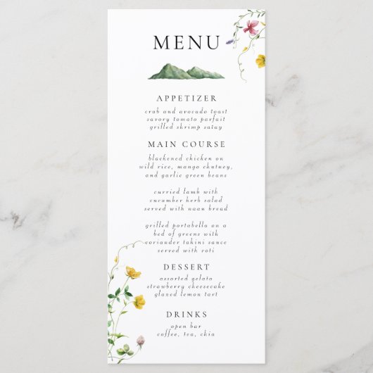 Mountain Boho Wildflower Forest rustieke bruiloft Menu (Voorkant)